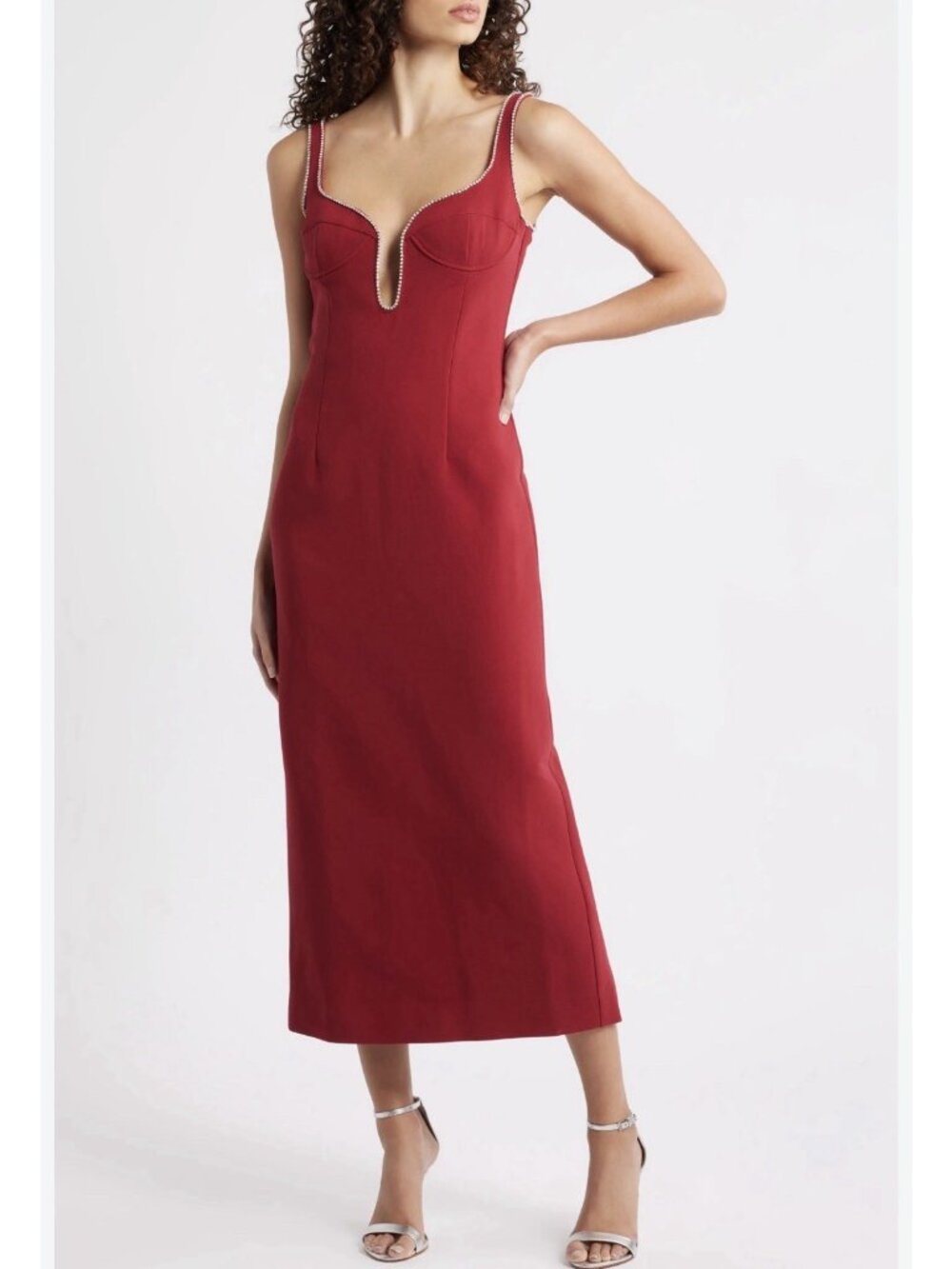 Bardot Diamonte Midi Dress Womens Size XS Burgundy Rhinestone NWT Coquette Glam